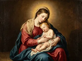 Pintura de estilo barroco: la Virgen María sentada con el Niño Jesús en el regazo