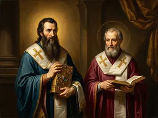 Pintura de estilo barroco: San Basilio Magno y San Gregorio Nacianceno con vestiduras de obispos orientales y el Evangelio