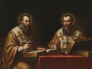 Pintura de estilo barroco: San Basilio y San Gregorio Nacianceno estudiando juntos con libros y pluma