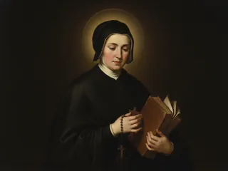 Pintura de estilo barroco: Santa Isabel Ana Seton con hábito negro, rosario y un libro