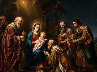 Pintura de estilo barroco: los Reyes Magos adorando al Niño Jesús en brazos de la Virgen, con la estrella sobre el portal