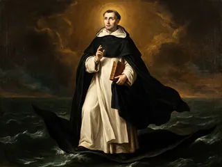 Pintura de estilo barroco: San Raimundo de Peñafort cruzando el mar sobre su capa de dominico