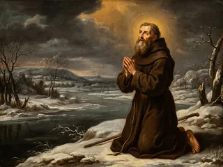 Pintura de estilo barroco: San Severino de Nórico con hábito de monje a orillas del Danubio