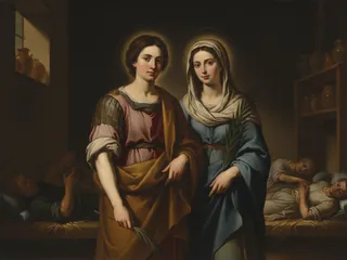 Pintura de estilo barroco: San Julián y Santa Basilisa cuidando enfermos, con la palma del martirio