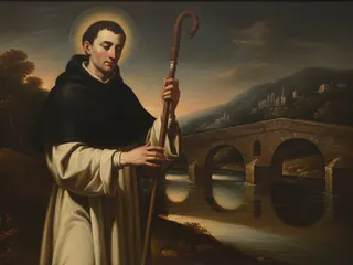 Pintura de estilo barroco: San Gonzalo de Amarante con bastón de peregrino junto a un puente de piedra