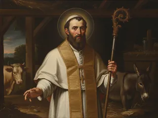 Pintura de estilo barroco: el papa San Marcelo I con báculo en un establo