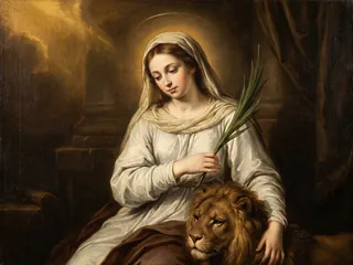 Pintura de estilo barroco: Santa Prisca, joven romana con la palma y un león echado a sus pies