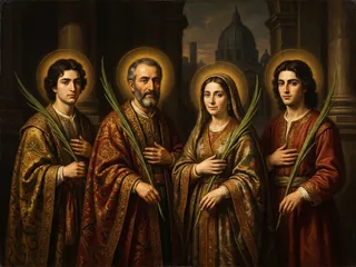 Pintura de estilo barroco: San Mario y su familia, peregrinos persas en Roma, con palmas