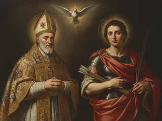 Pintura de estilo barroco: el papa San Fabián con la paloma y San Sebastián, soldado romano, con las flechas en la mano