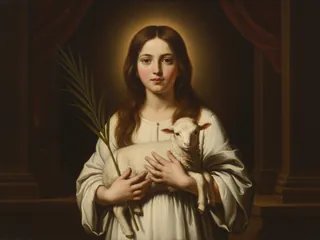 Pintura de estilo barroco: Santa Inés, niña vestida de blanco con un cordero en brazos y la palma