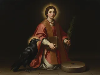 Pintura de estilo barroco: San Vicente de Zaragoza, diácono, con la palma, un cuervo y la rueda de molino