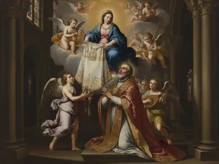 Pintura de estilo barroco: la Virgen imponiendo la casulla a San Ildefonso en la catedral de Toledo