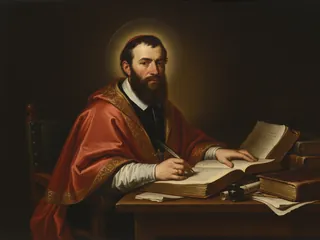 Pintura de estilo barroco: San Francisco de Sales, obispo, escribiendo con pluma y libro