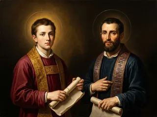 Pintura de estilo barroco: San Timoteo y San Tito, obispos jóvenes, con las cartas de San Pablo