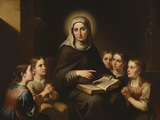 Pintura de estilo barroco: Santa Ángela de Mérici enseñando a unas niñas con un libro