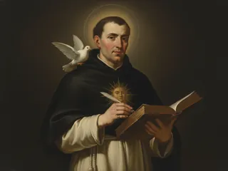 Pintura de estilo barroco: Santo Tomás de Aquino con hábito dominico, el sol en el pecho, libro y pluma