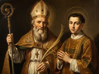 Pintura de estilo barroco: San Valero, obispo de Zaragoza, con báculo y el diácono Vicente a su lado