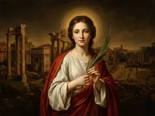 Pintura de estilo barroco: Santa Martina, joven romana con la palma ante el Foro