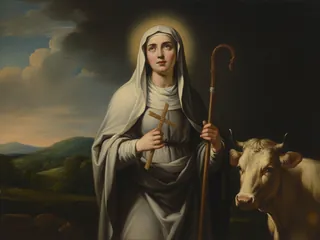 Pintura de estilo barroco: Santa Brígida de Irlanda con la cruz de juncos, el báculo y una vaca