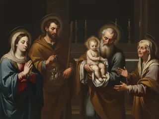 Pintura de estilo barroco: la Presentación de Jesús en el templo: el anciano Simeón con el Niño en brazos, María y José