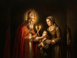 Pintura de estilo barroco: San Blas, obispo, con dos velas cruzadas junto a una madre y su hijo