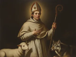 Pintura de estilo barroco: San Andrés Corsini, obispo carmelita, con un lobo y un cordero a sus pies