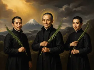 Pintura de estilo barroco: San Pablo Miki y los mártires de Japón con sotanas jesuitas y palmas