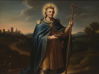 Pintura de estilo barroco: San Ricardo, rey sajón, vestido de peregrino con corona y bastón