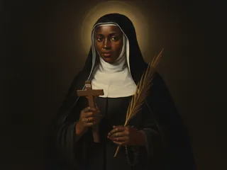 Pintura de estilo barroco: Santa Josefina Bakhita, religiosa canosiana, con crucifijo y rosario
