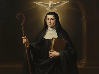 Pintura de estilo barroco: Santa Escolástica, abadesa benedictina, con báculo, libro y una paloma