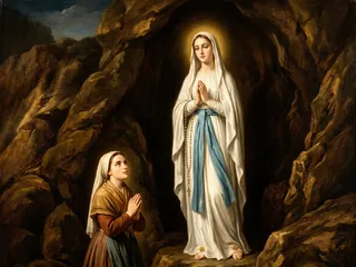 Pintura de estilo barroco: la Virgen de Lourdes en la gruta de Massabielle con Bernardita arrodillada