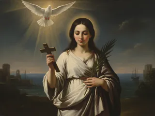 Pintura de estilo barroco: Santa Eulalia de Barcelona, niña con la palma, la cruz en aspa y una paloma