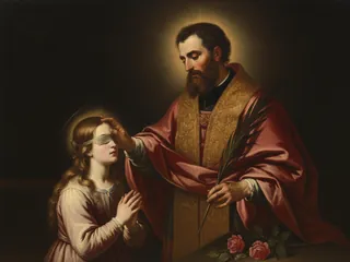 Pintura de estilo barroco: San Valentín, sacerdote, con la palma, curando a una joven ciega