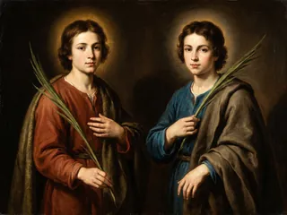 Pintura de estilo barroco: San Faustino y San Jovita, hermanos mártires de Brescia, con palmas