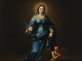 Pintura de estilo barroco: Santa Juliana de Nicomedia con la palma y una cadena que sujeta a un pequeño demonio