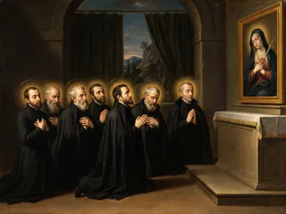 Pintura de estilo barroco: los siete santos fundadores de los Servitas rezando ante la Virgen de los Dolores