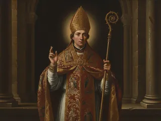 Pintura de estilo barroco: San Eladio, obispo de Toledo, con báculo en una iglesia visigoda