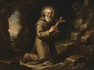 Pintura de estilo barroco: San Conrado de Piacenza, ermitaño franciscano, rezando ante el crucifijo