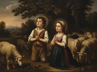 Pintura de estilo barroco: los pastorcitos Francisco y Jacinta Marto rezando el rosario junto a la encina de Fátima