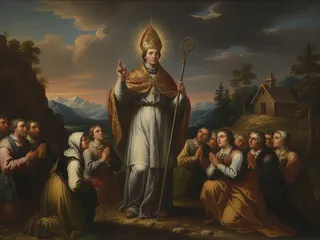 Pintura de estilo barroco: San Modesto, obispo misionero, bendiciendo a la gente en un valle de los Alpes