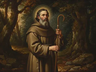 Pintura de estilo barroco: San Román de Condat, abad ermitaño, en un bosque del Jura