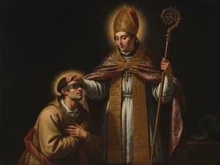 Pintura de estilo barroco: San Albino de Angers, obispo, sanando los ojos de un ciego