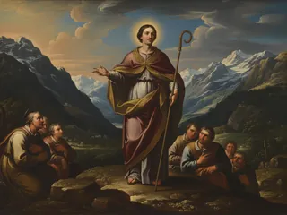 Pintura de estilo barroco: San Lucio de Chur, obispo, predicando en un valle de montaña