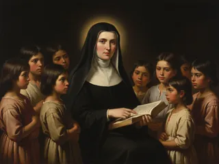Pintura de estilo barroco: Santa Catalina Drexel, religiosa, enseñando a niños