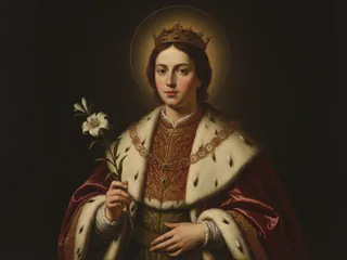 Pintura de estilo barroco: San Casimiro, príncipe, con manto de armiño, corona y un lirio