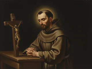 Pintura de estilo barroco: San Juan José de la Cruz, franciscano, arrodillado ante el crucifijo