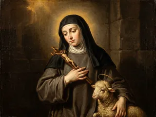 Pintura de estilo barroco: Santa Coleta de Corbie, clarisa, con un crucifijo y un cordero