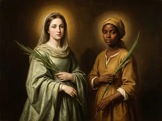Pintura de estilo barroco: Santa Perpetua y Santa Felicidad, mártires de Cartago, con palmas