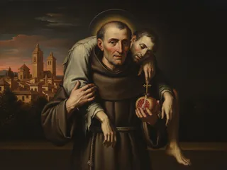 Pintura de estilo barroco: San Juan de Dios cargando a un enfermo, con la granada coronada por una cruz