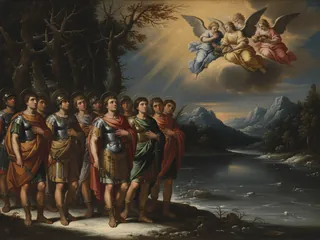 Pintura de estilo barroco: los cuarenta mártires de Sebaste, soldados romanos junto al lago helado
